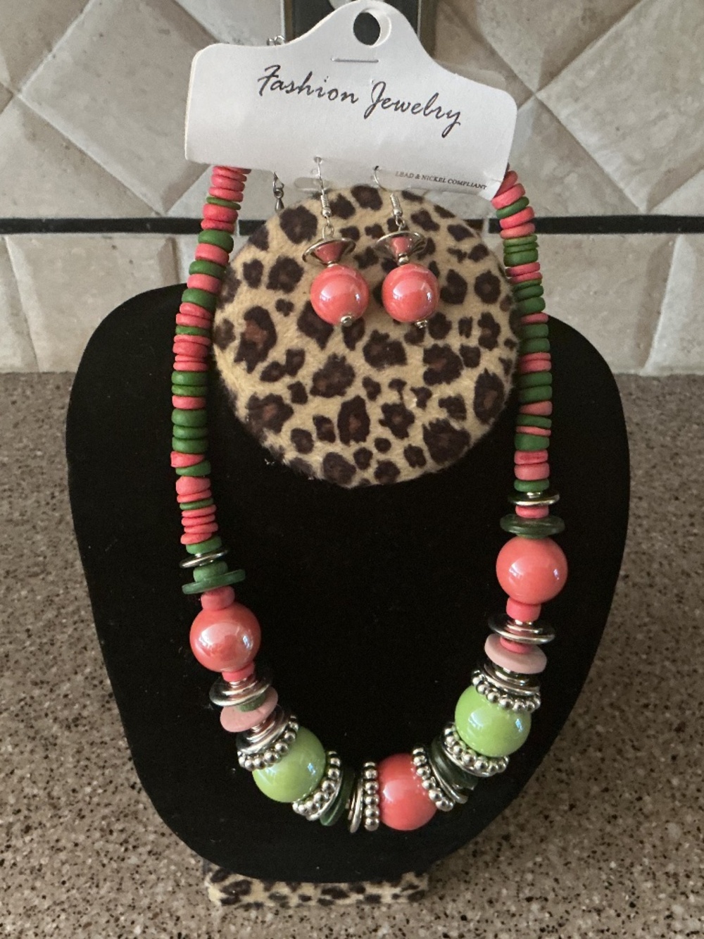 Pink and Green Wooden and Coco Beaded Necklace Set
